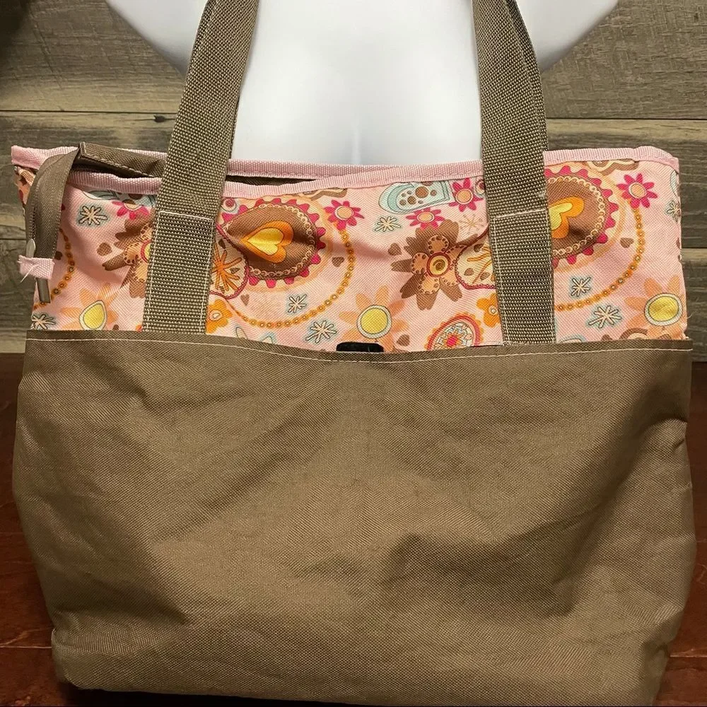 Ellie & Luke Diaper Bag Pink and Khaki Flowers and Hearts